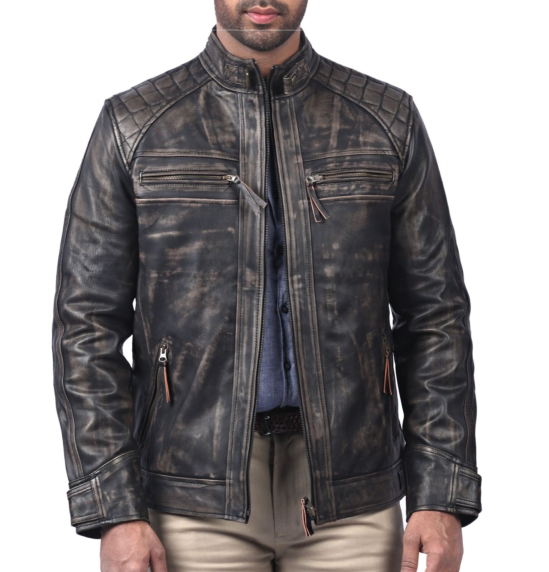 Black Biker Cafe Racer Style Real Distressed Cow Leather Jacket 